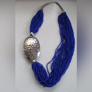 Bohemian Glass Multi Strand Necklace in Royal Cobalt Blue and Hammered Pendant
